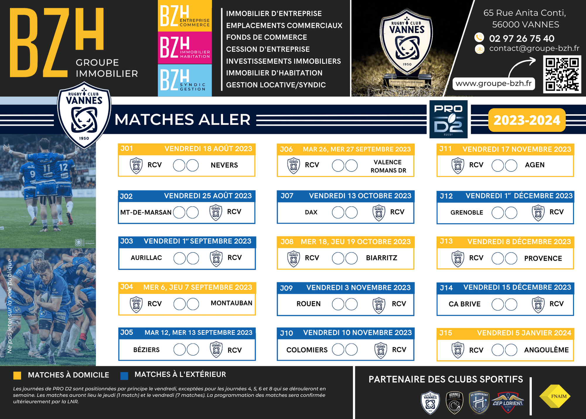 Calendrier saison 2023-2024 Rugby Club Vannes | BZH Groupe Immobilier